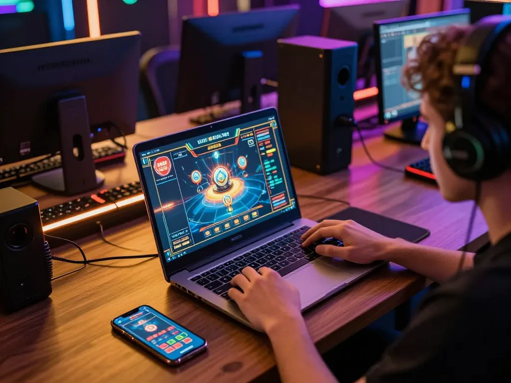 Player engaged in open88 online gaming on a laptop, showcasing vibrant interface and strategic gameplay.