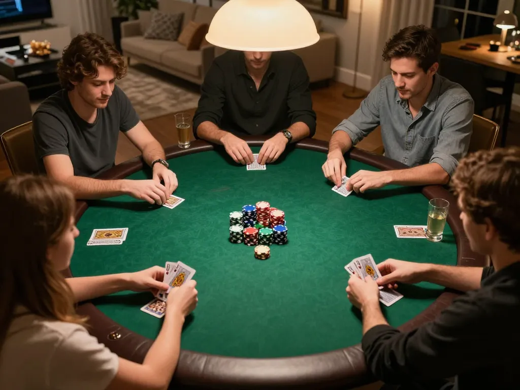 Engaged players at a private poker night strategizing while using 888now đăng nhập for online gaming