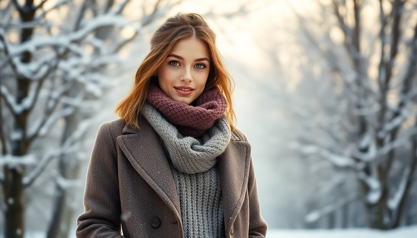 Stylish young woman showcases winter fashion with layered outfits surrounded by snow.