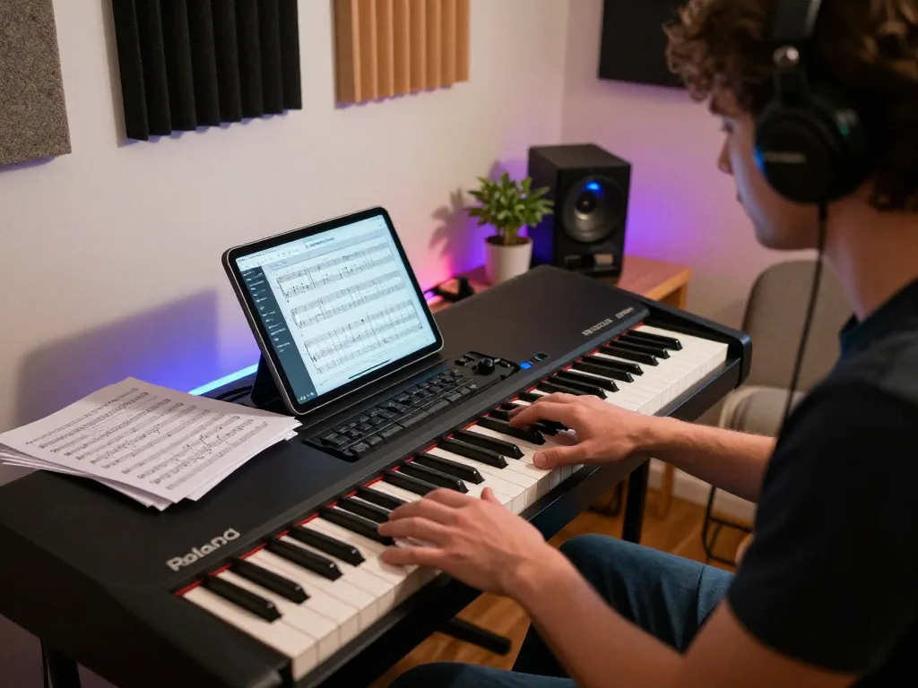 Musician playing the go 88 keyboard in a creative home studio setting with colorful ambient lighting.
