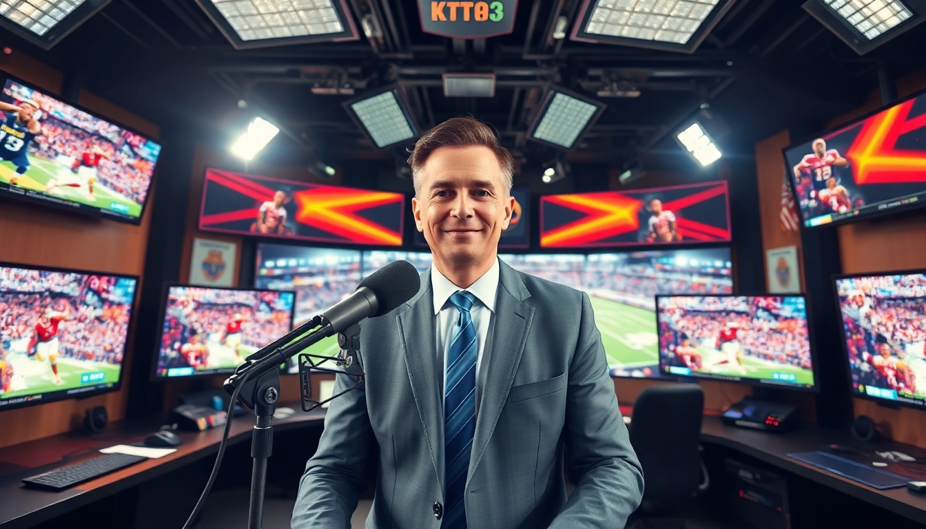 Engaging sports broadcasting scene with an announcer at a microphone delivering highlights in a modern studio.