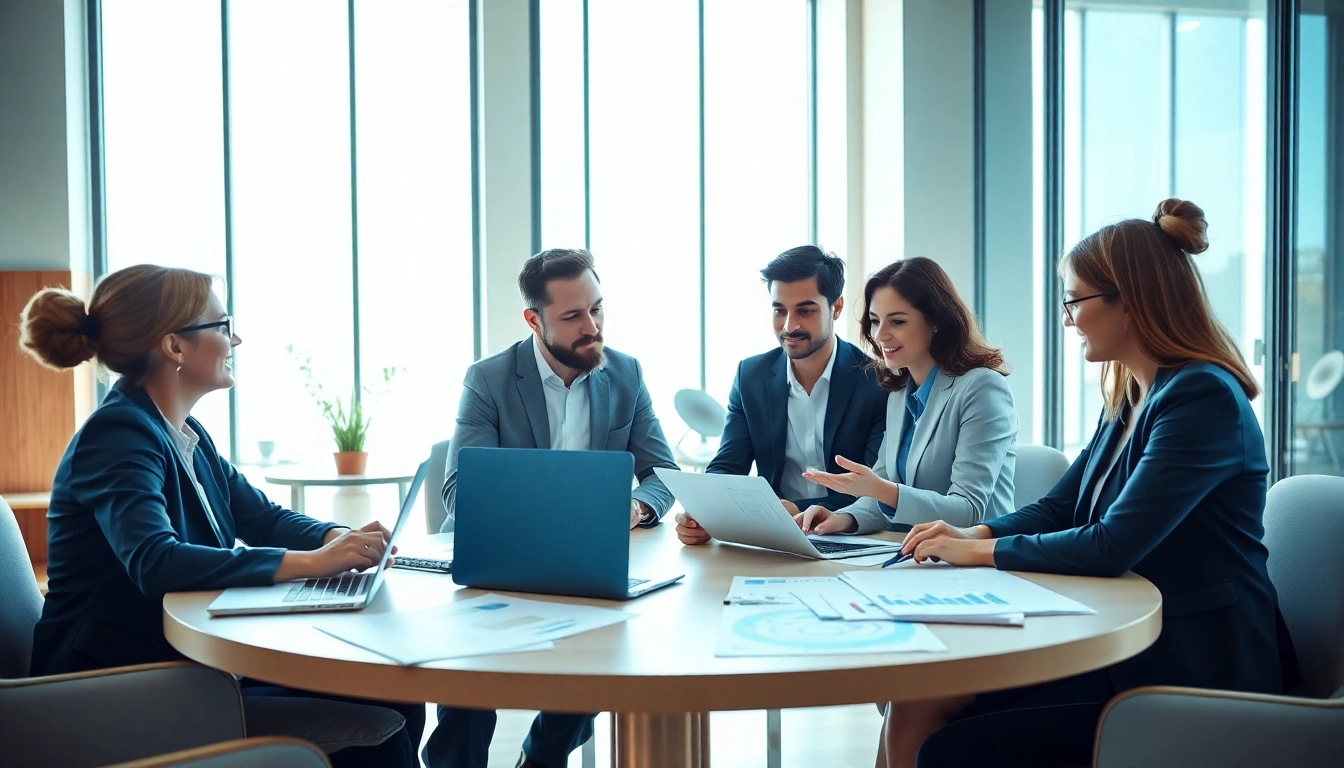 Discussing various businesses for sale in a modern office setting with natural light.
