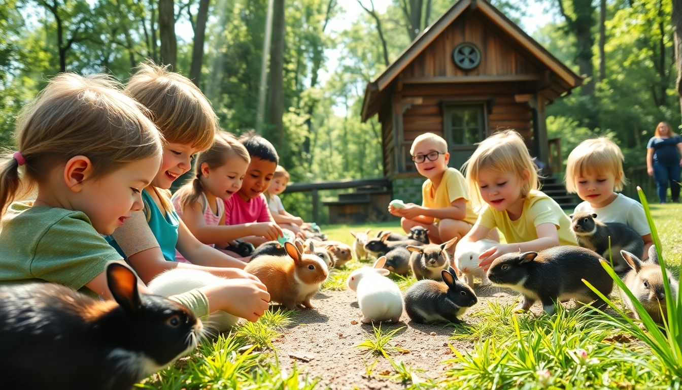 Kids experiencing hands-on care at an animal camp in Illinois, surrounded by happy animals.