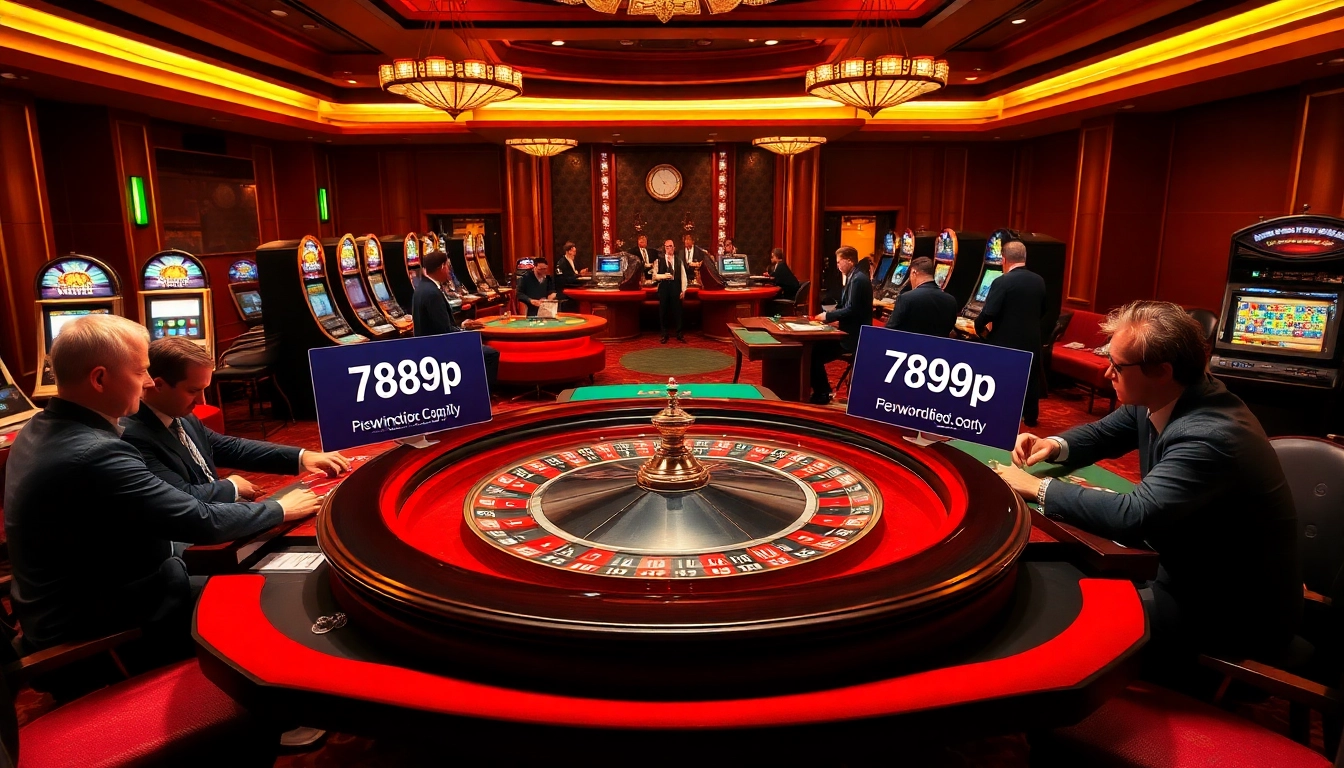 Players enjoying a high-stakes game at 789p casino, with roulette and slot machines in view.