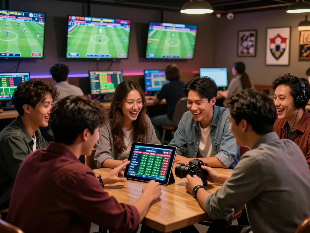 Soi Kèo sports betting scene with friends analyzing live odds during an exciting game.