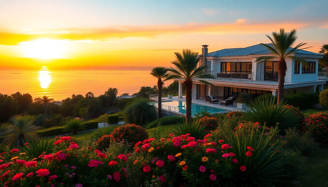 Stunning villa showcasing property for sale in alanya turkey against a beautiful sunset.