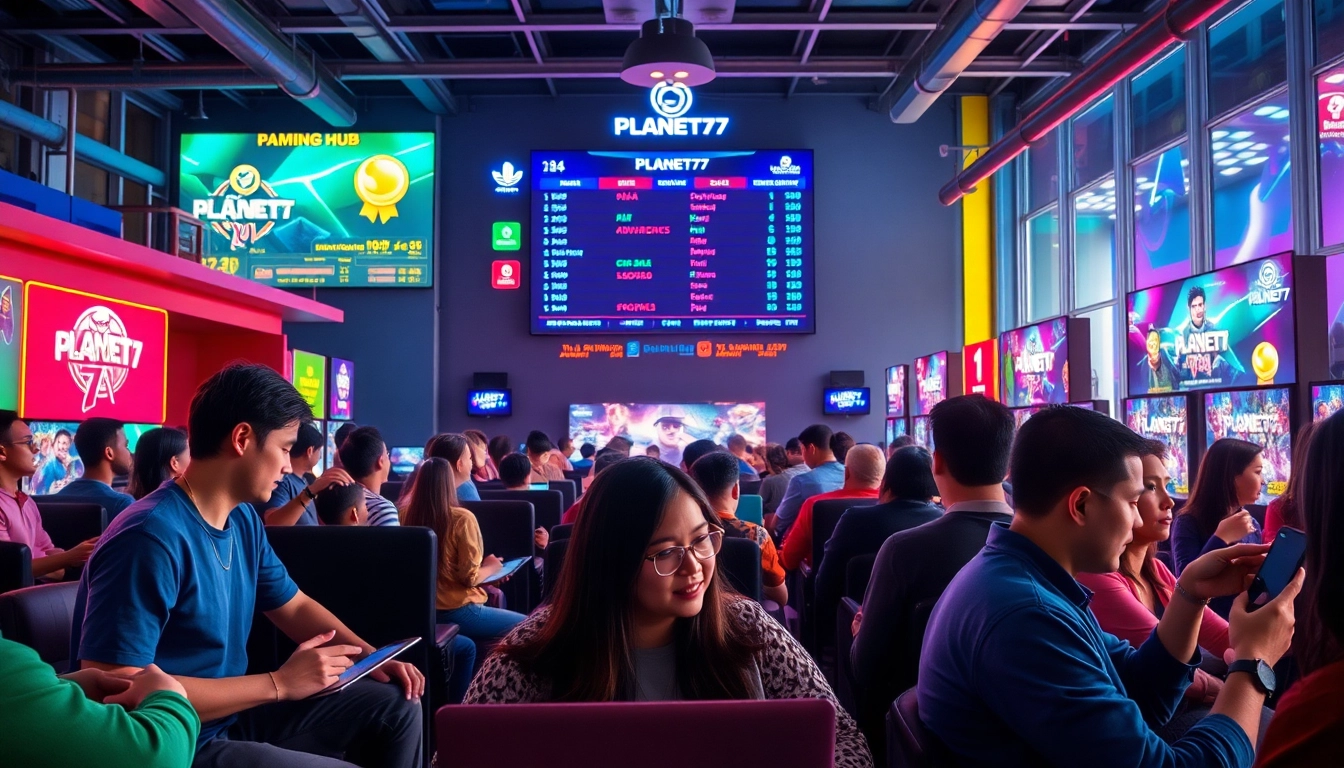 Main players engaging with PLANET77 game in a vibrant gaming hub setting.