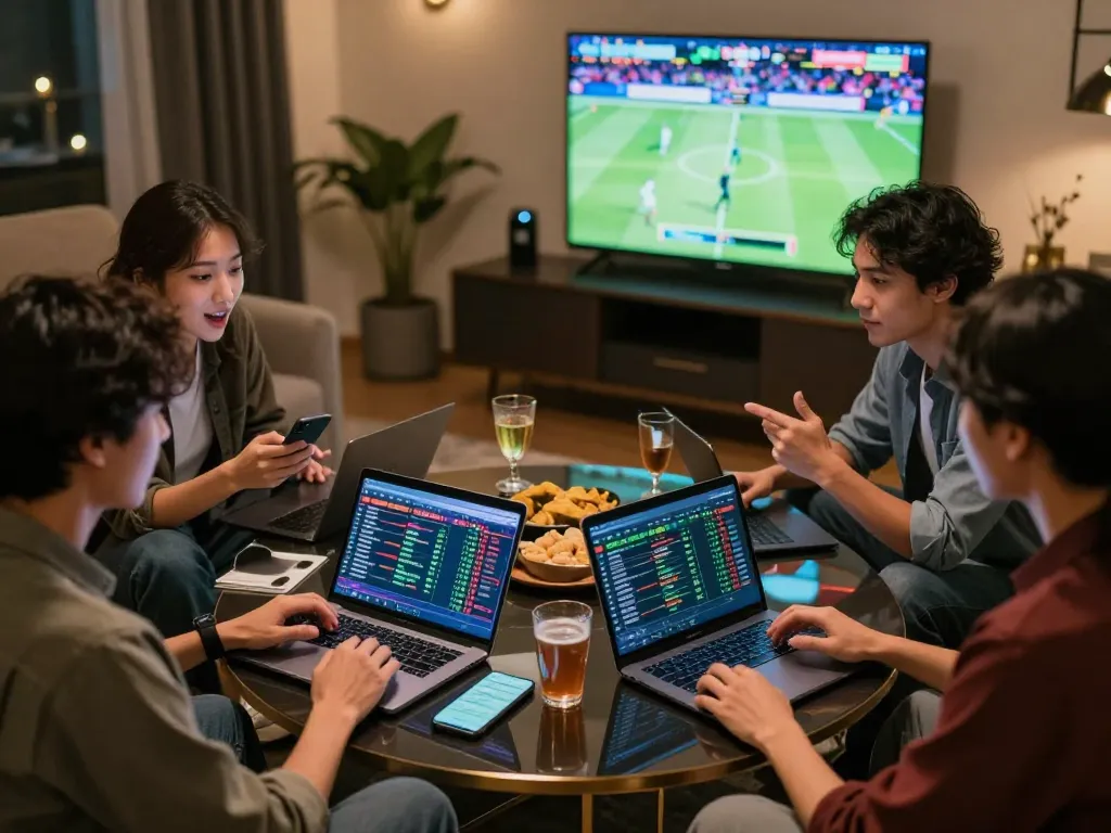 Friends enjoying RR88 sports betting, analyzing odds on laptops and smartphones in a lively setting.