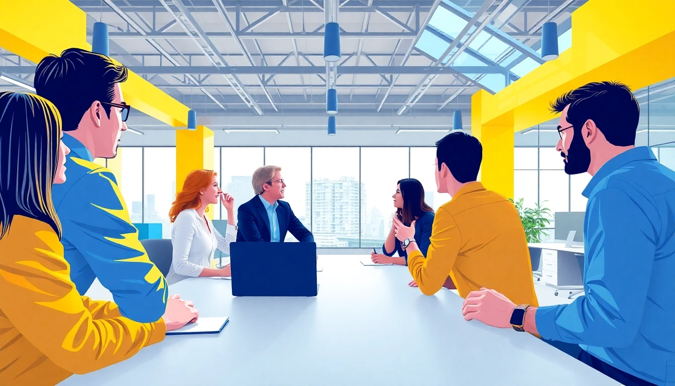 Engaged participants discussing the features of a community platform in a bright workspace.