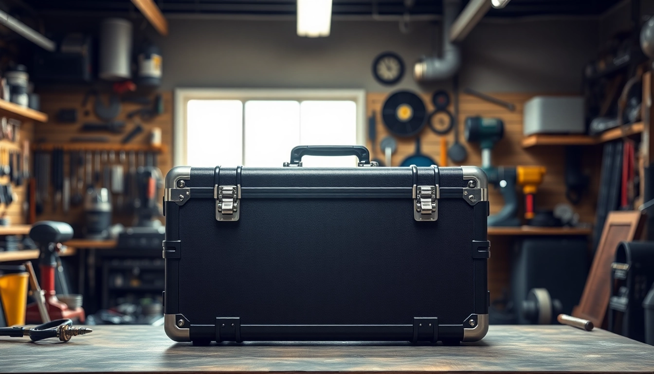Showcasing a robust hard case in a workshop, highlighting its detailed features and functionality.