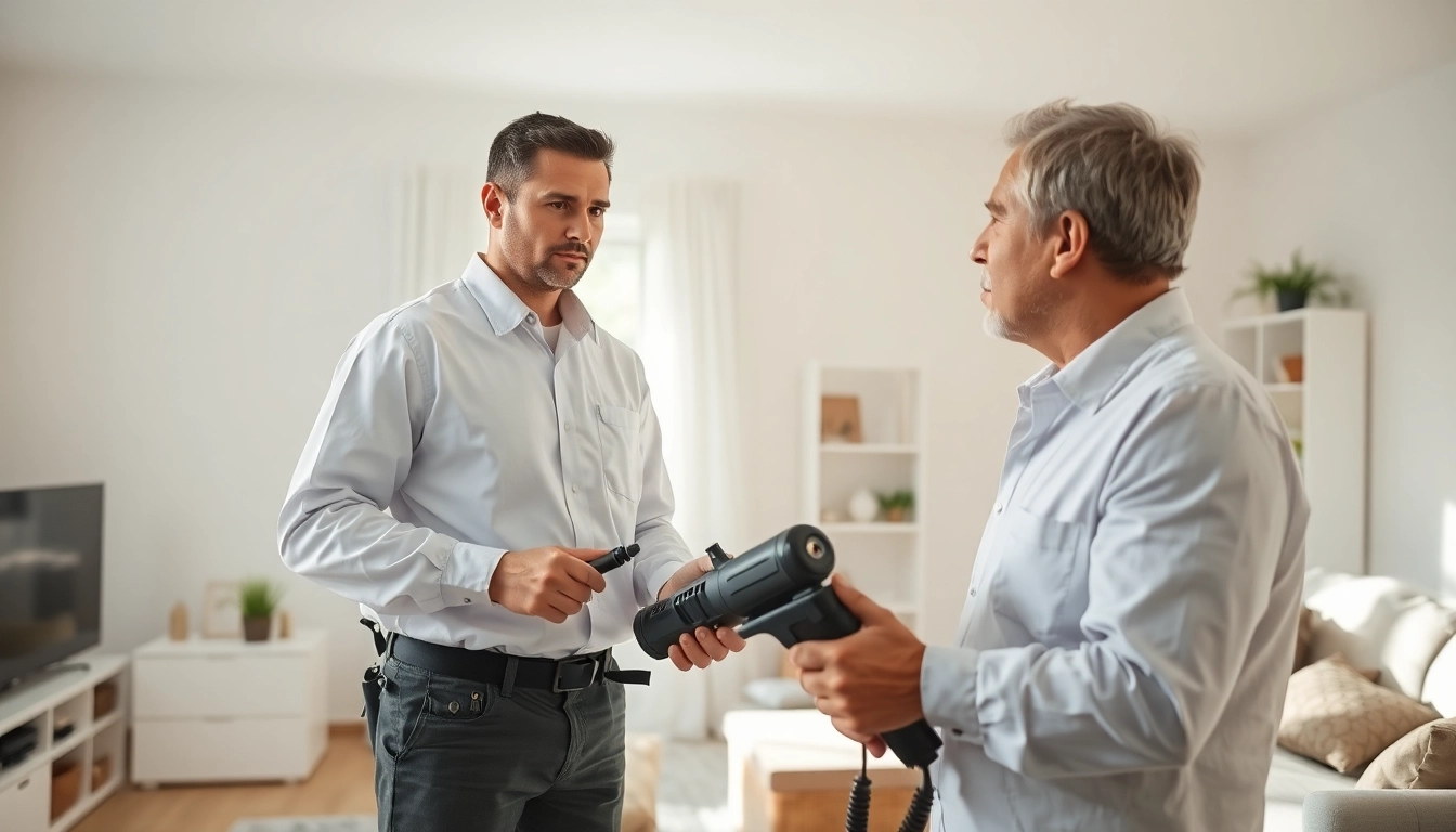 Experienced bed bug exterminator demonstrating pest control techniques in a bright living room.