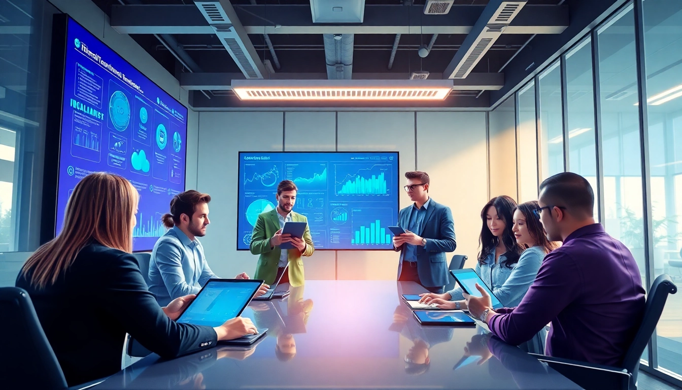 Showcase of digital transformation services with professionals collaborating in a modern office environment.