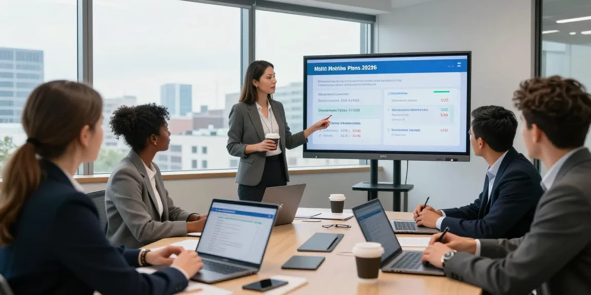 Team discussing business mobile providers UK during a strategy meeting, showcasing diverse professionals and modern office environment.