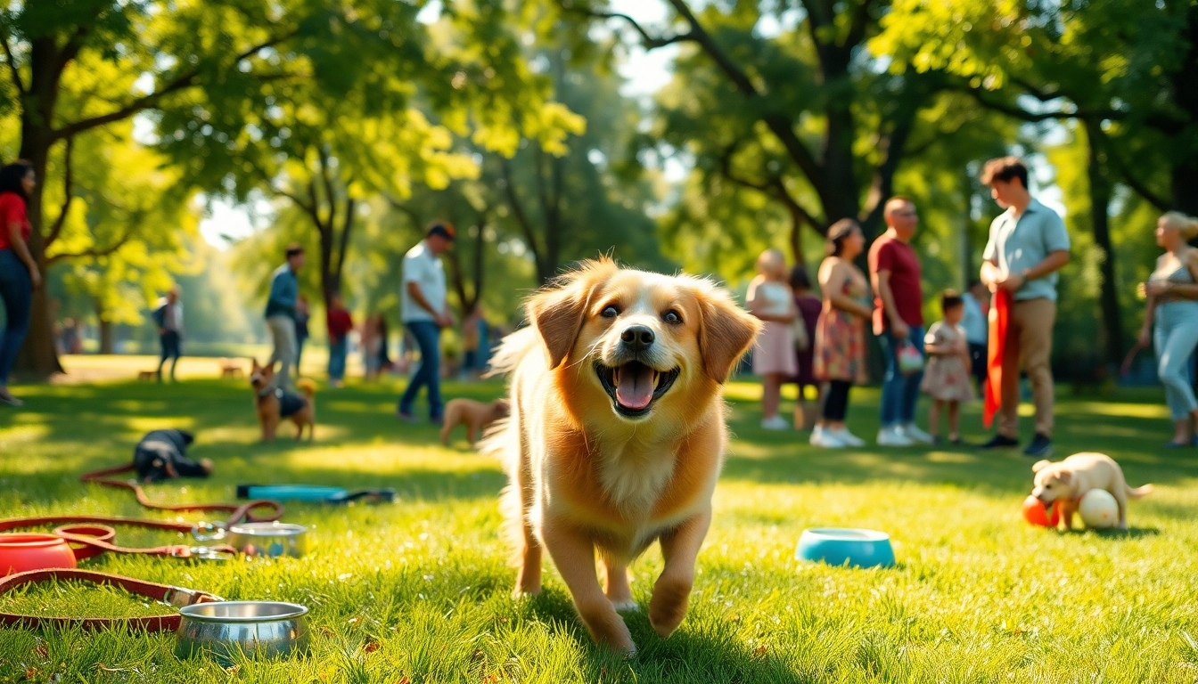 Hondenverzorgers.nl toont een gelukkige hond die speelt in het park met hondenverzorgingsproducten.