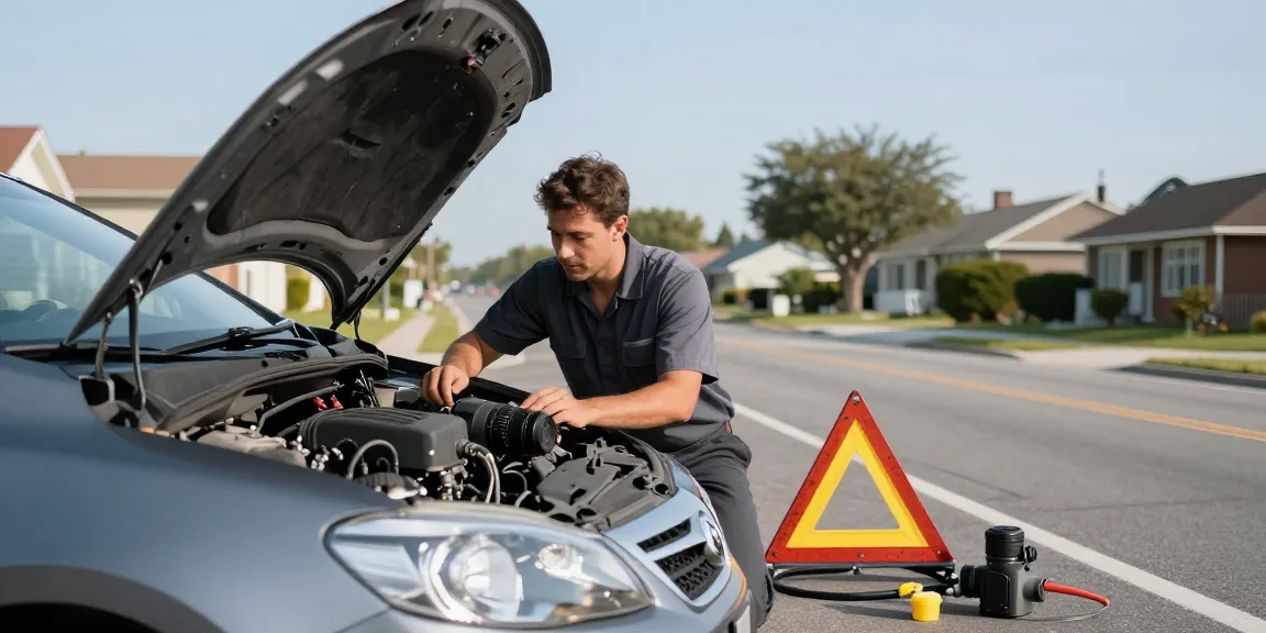 Technician fixing wrong fuel in car on roadside with tools, ensuring safety and efficiency.