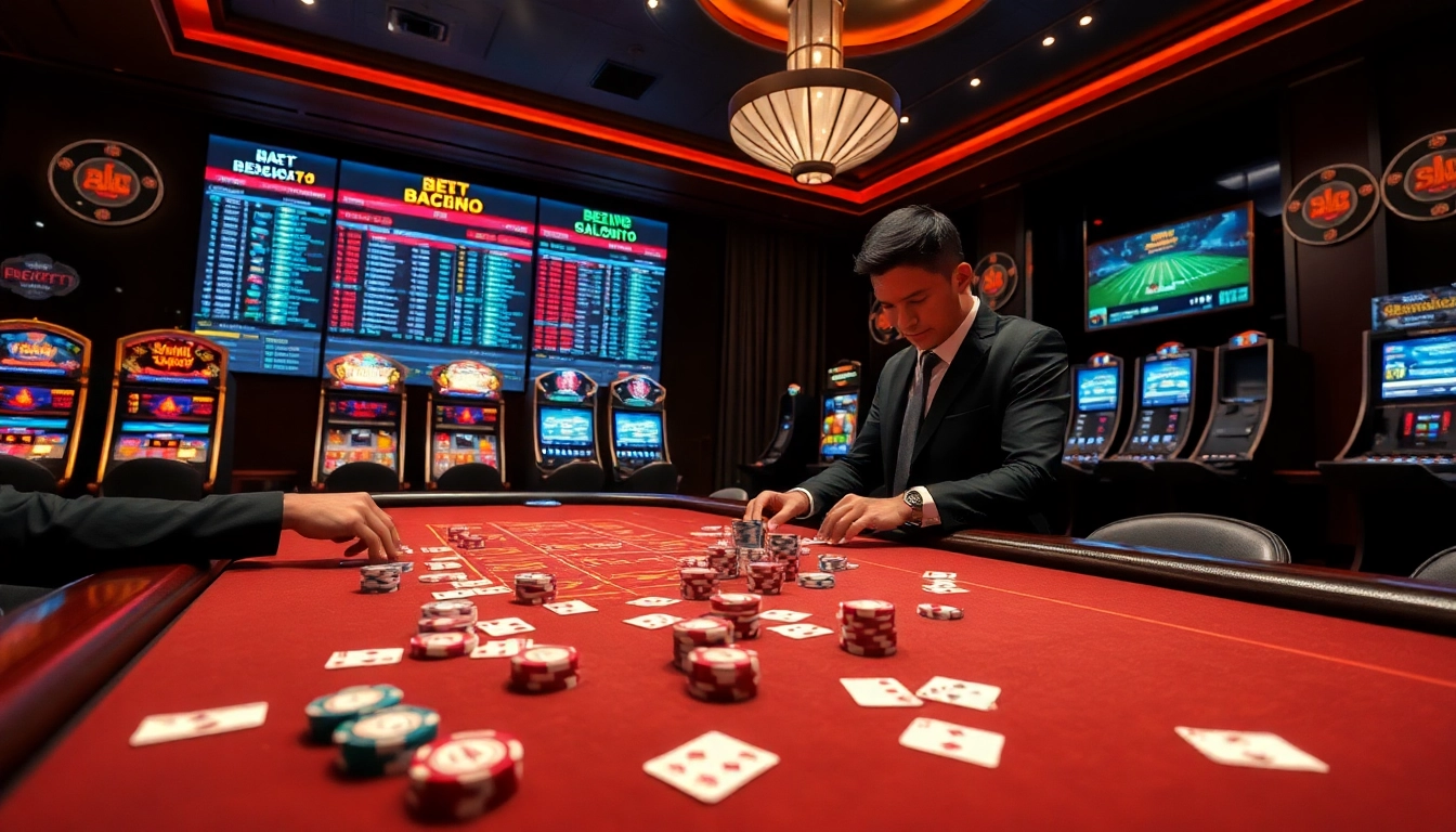 The excitement of betting at nhà cái tobet88 with casino tables, vibrant slot machines, and professional dealers.