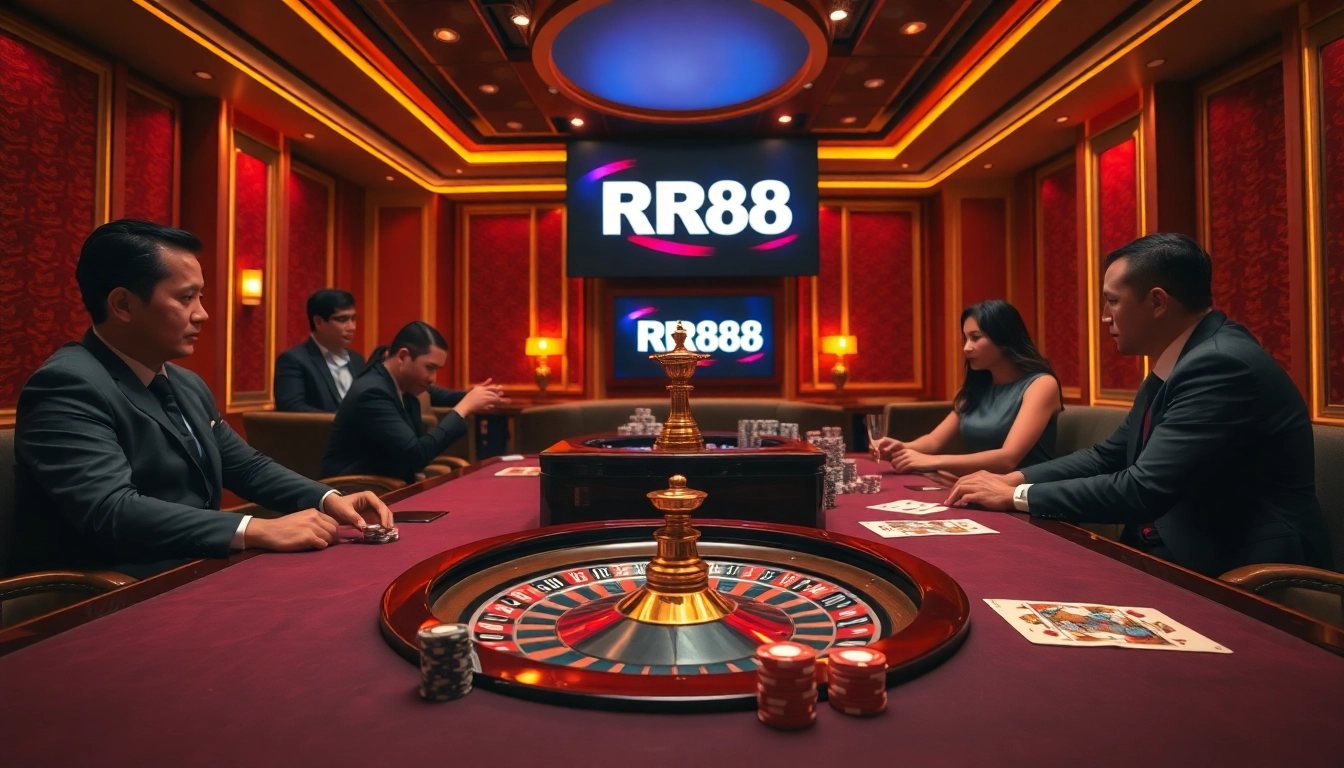 Experience exciting gameplay at RR88 with players enjoying poker at a luxurious casino table.