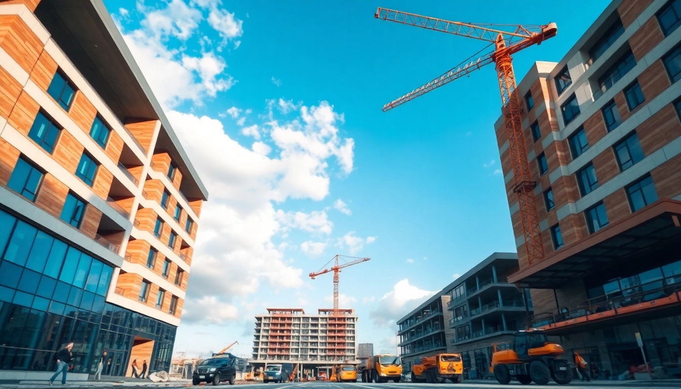Real Estate Development site showcasing modern construction techniques with active workers and machinery.