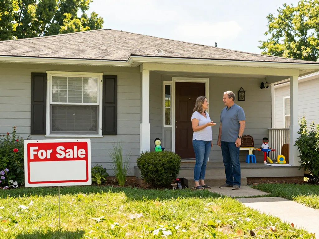 Sell house without repairs, couple discussing home sale on porch with for sale sign.