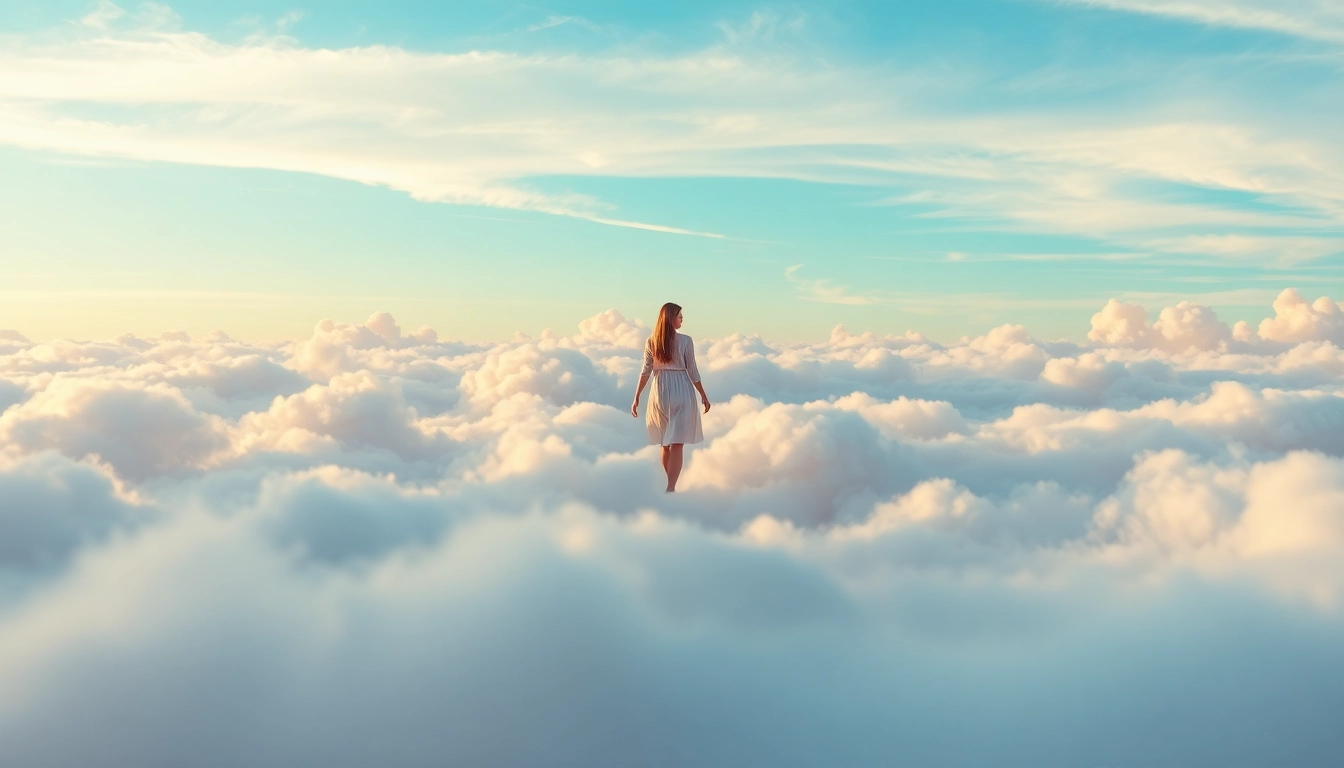 Walking on Clouds in a serene landscape with a person dressed in flowing attire, evoking tranquility.