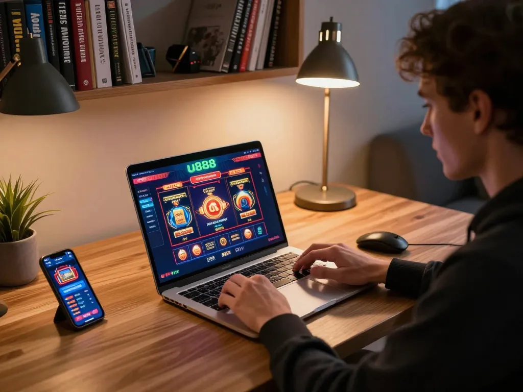 Engaging with u888 casino games on a laptop in a cozy home office.