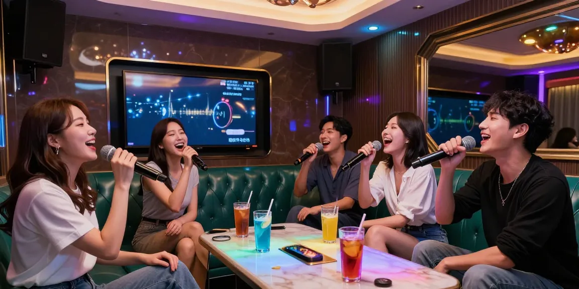강남가라오케에서 즐거운 친구들과의 노래방 파티를 보여주는 고급스러운 룸.