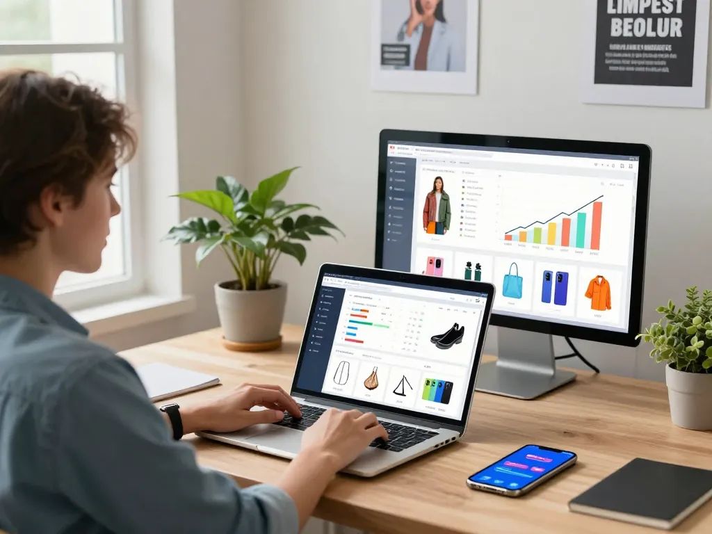 Dropshipping Dead in 2026 dynamic eCommerce workspace with entrepreneur analyzing product samples and sales data.