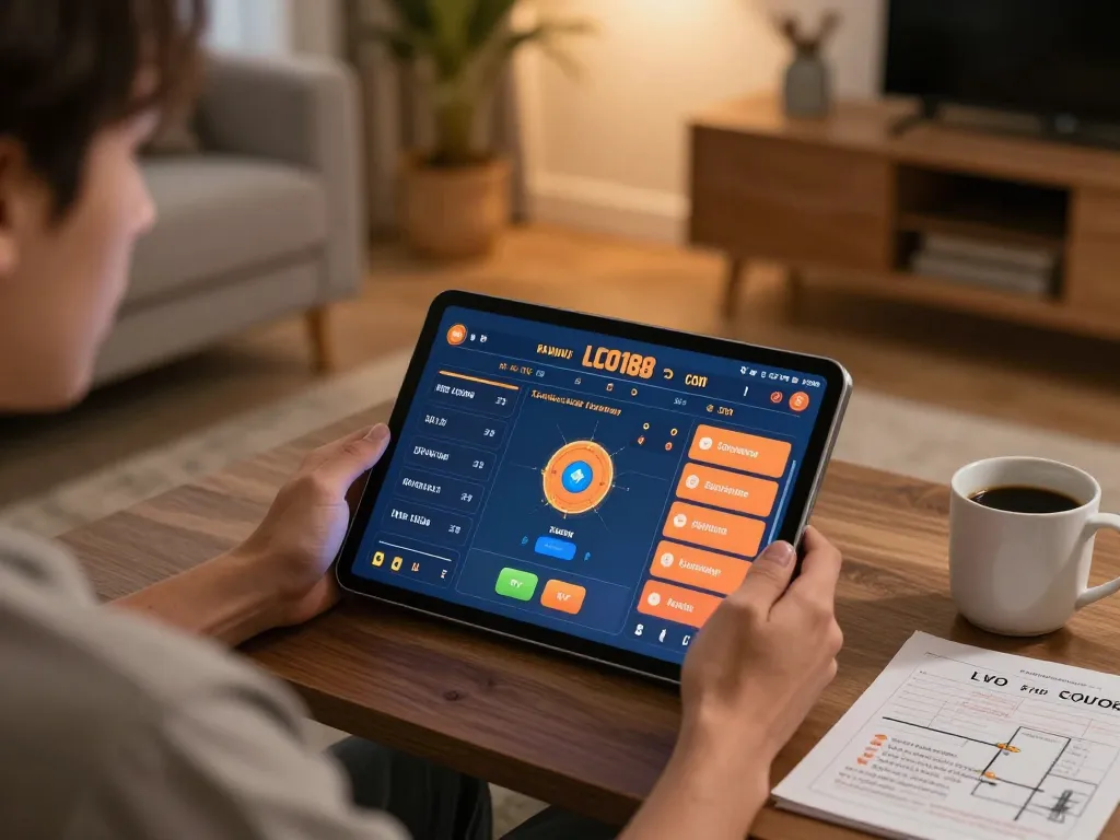 Engaging with LOTO188 COM online betting interface from the comfort of home, depicting responsible gaming atmosphere