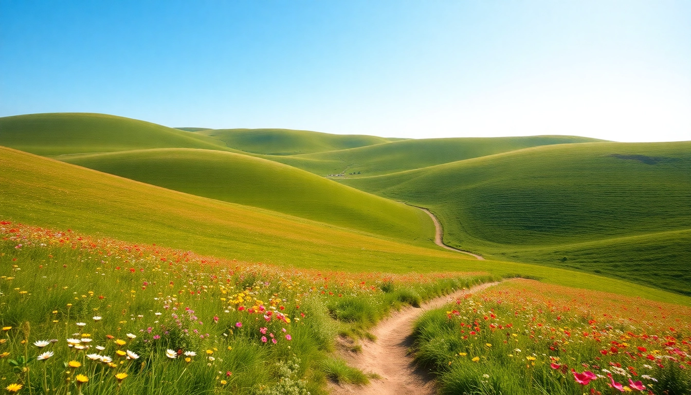 Experience picturesque rolling hills adorned with wildflowers and a winding path under a bright sky.