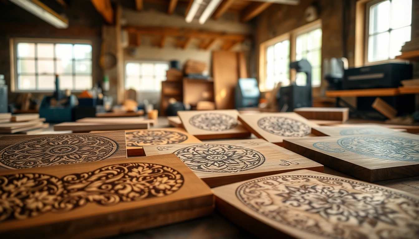 Showcasing intricately crafted laser engraving designs on wood and acrylic in a bright workshop.