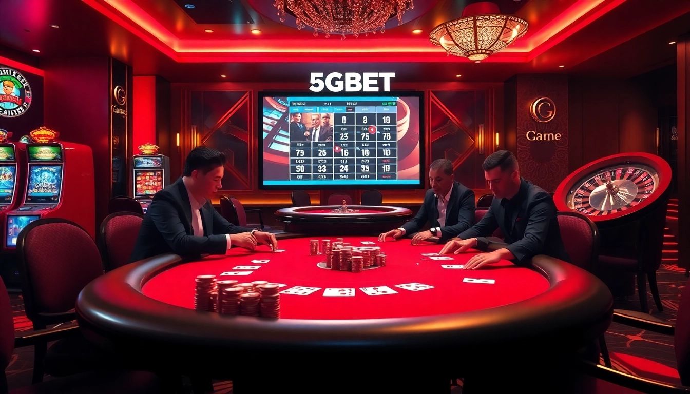 Experience the thrill of 5GBET Login with a vibrant casino scene featuring poker games and slot machines.