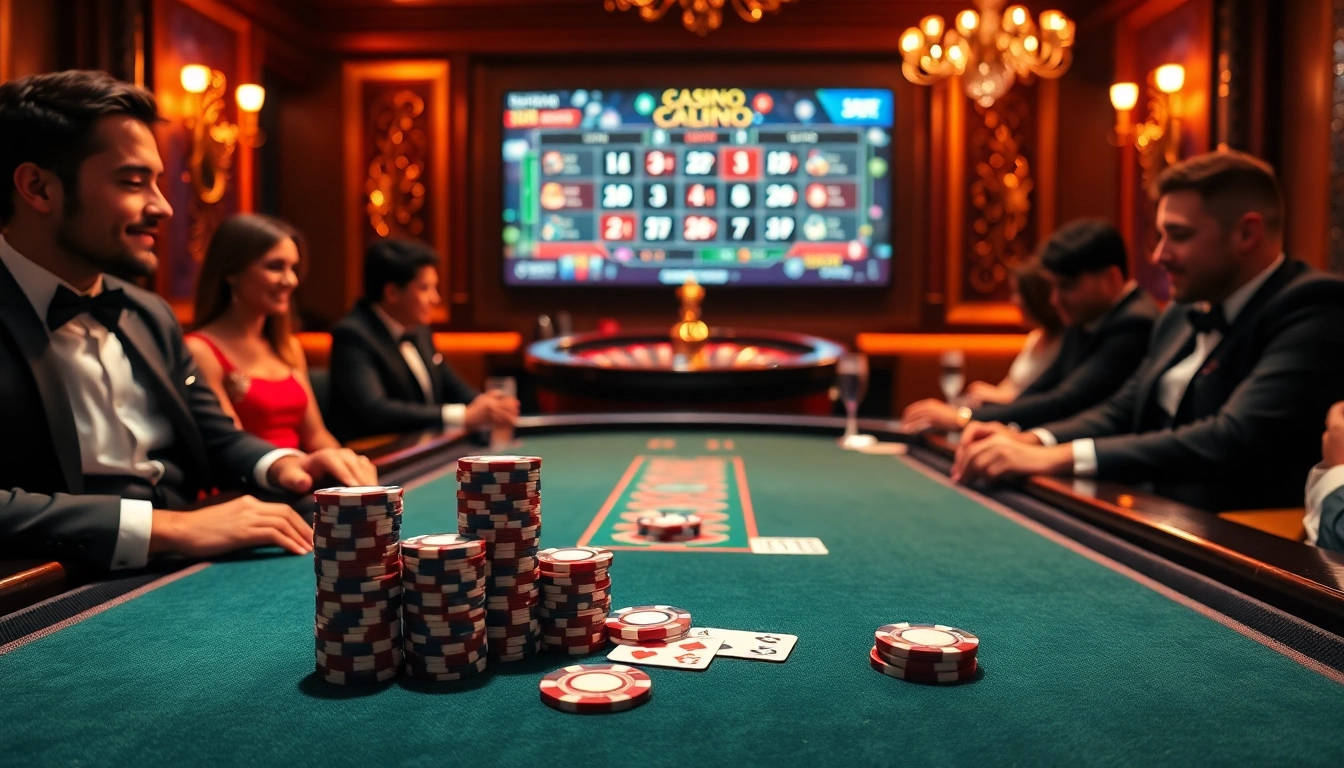 Action de poker à enjeux élevés à une table de casino en ligne luxueuse avec des jetons et des cartes vibrants.