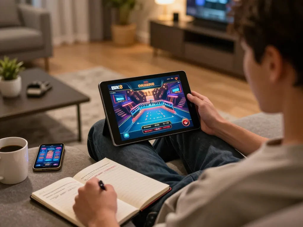 Person navigating BK8 online casino app on a tablet in a cozy home environment.