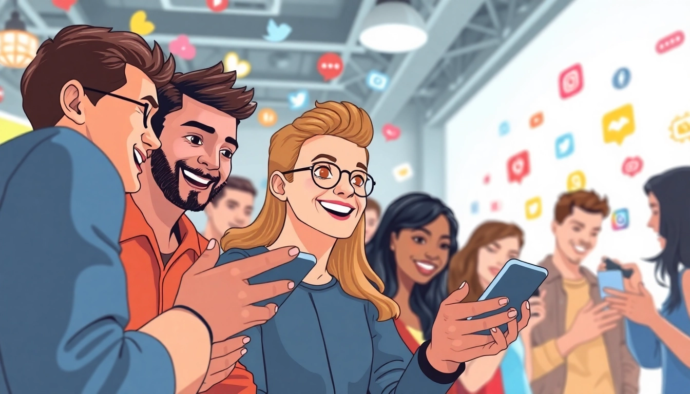 インスタ フォロワー 買うことで活気あふれるコミュニティを楽しむ人々のイラスト。