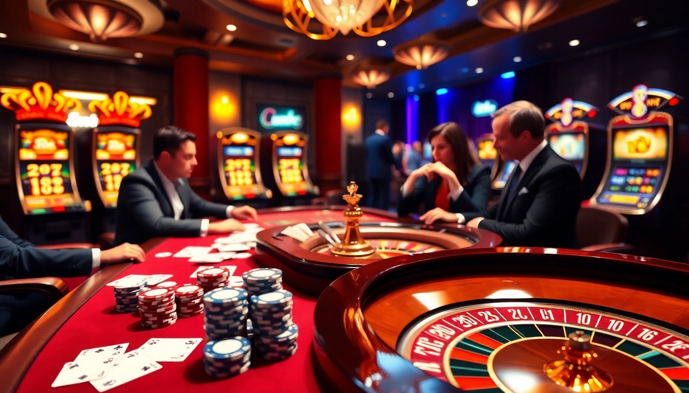 Exciting gaming atmosphere at nhà cái sunwin featuring roulette, poker, and engaged players.