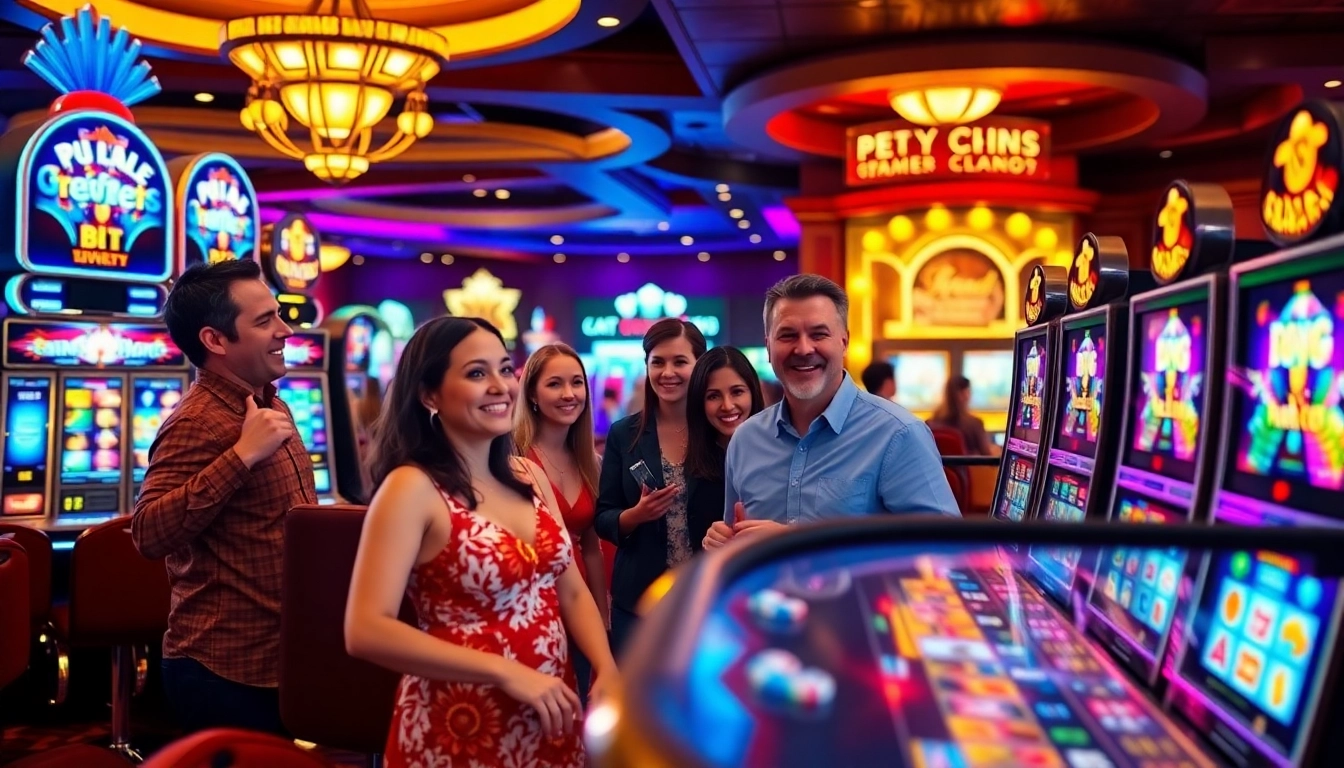 Players enjoying PG slot games at a vibrant casino, showcasing excitement and luxury.