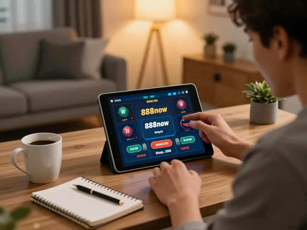 Engaging with 888now đăng nhập on a tablet for an exciting online gaming experience at home.