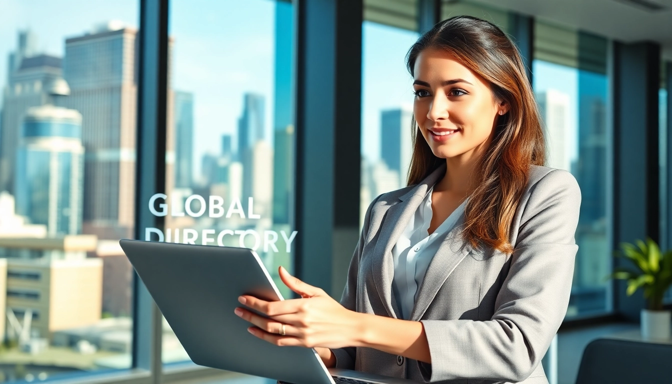 Businesswoman utilizing a global business directory in a professional office setting.