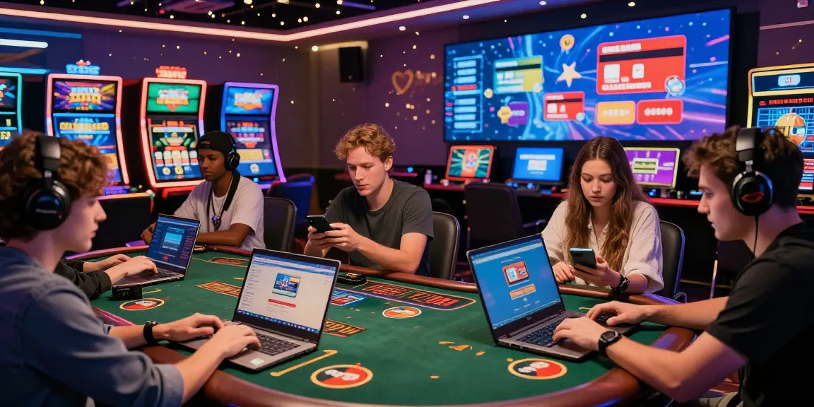 Exciting gaming scene at online casinos that accept credit cards, featuring diverse players engaged in various games with Visa and Mastercard icons.