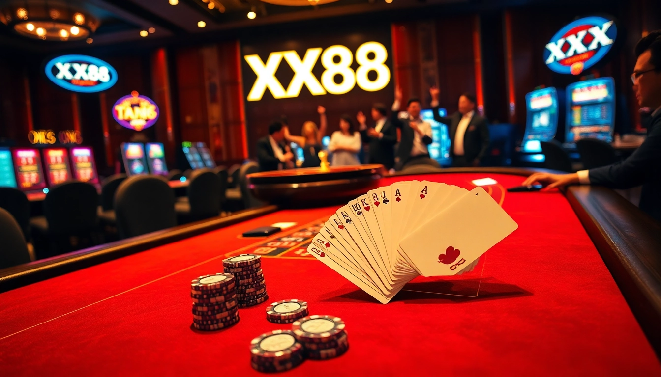 Players enjoying a thrilling baccarat game at XX88 casino, showcasing luxury and excitement.