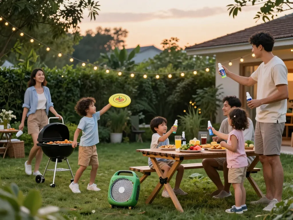 Family enjoying a summer barbecue while applying the Best Mosquito Repellent outdoors for protection.