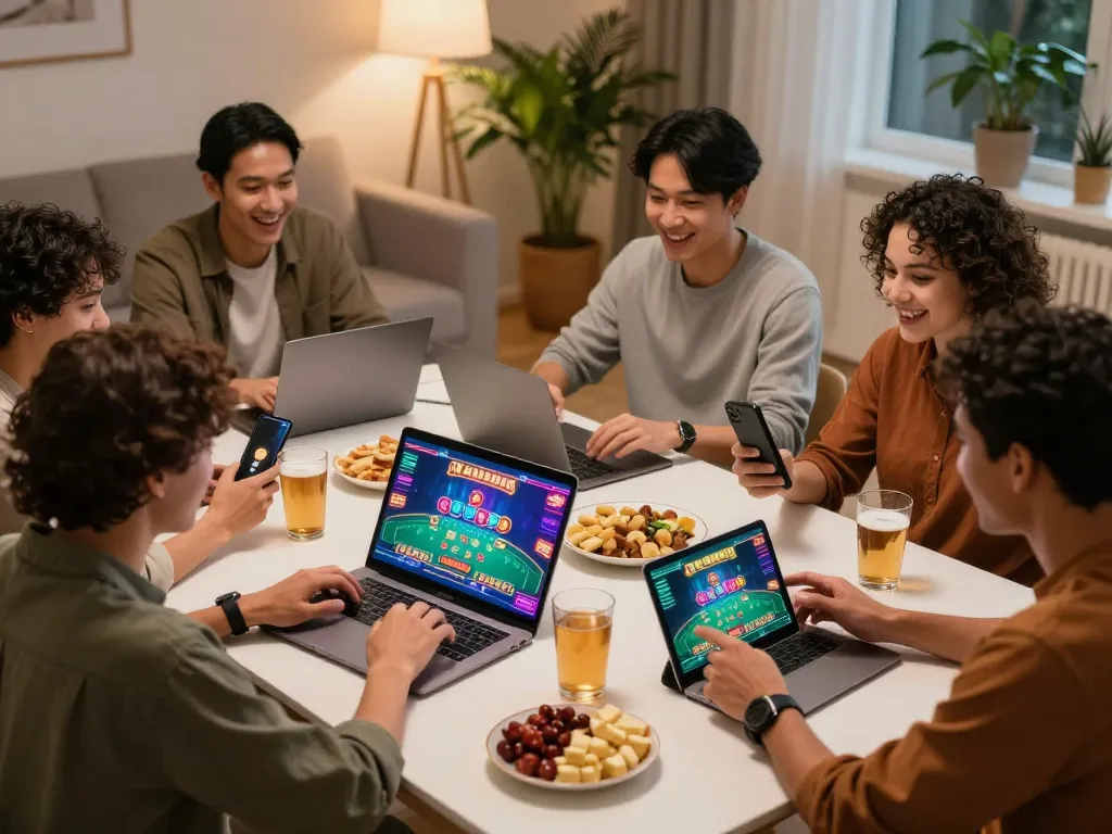 Friends enjoying online baccarat gameplay on a stylish setup, engaging with their baccarat사이트 experience.