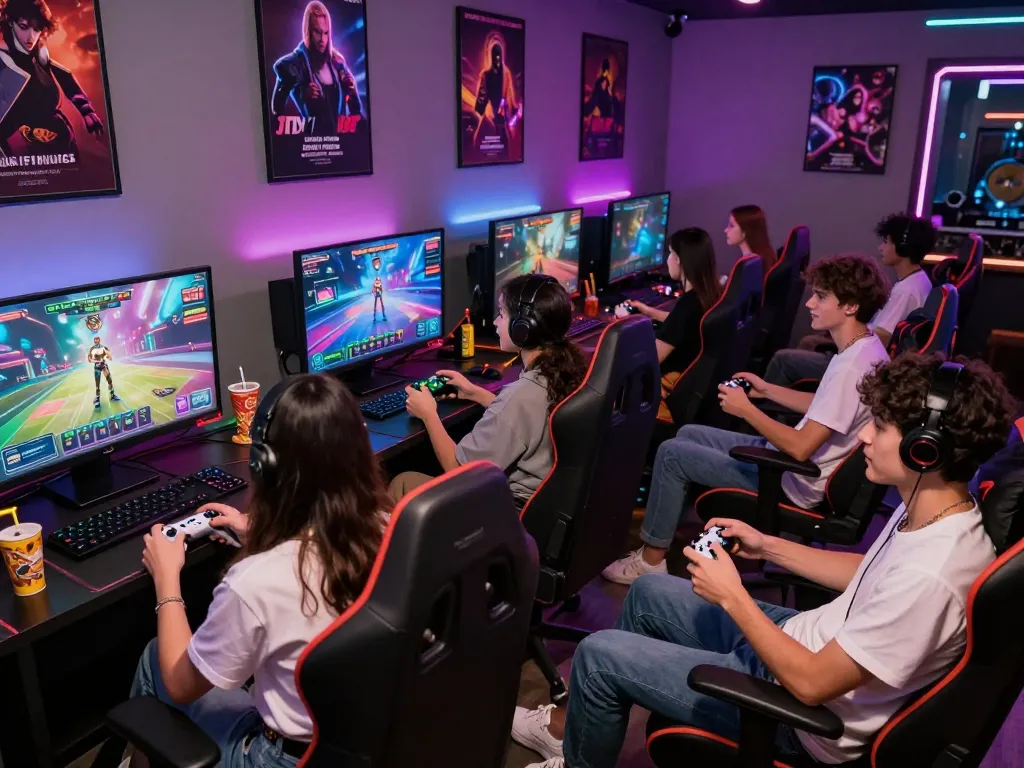 Engaged players enjoying a sex simulator game in a vibrant gaming lounge atmosphere.