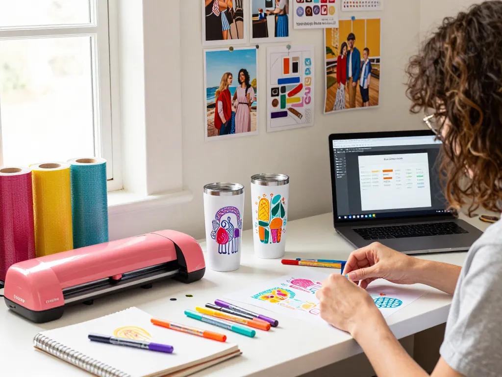 Vibrant workspace with artist crafting tumblers using cricut svg bundle designs and materials.