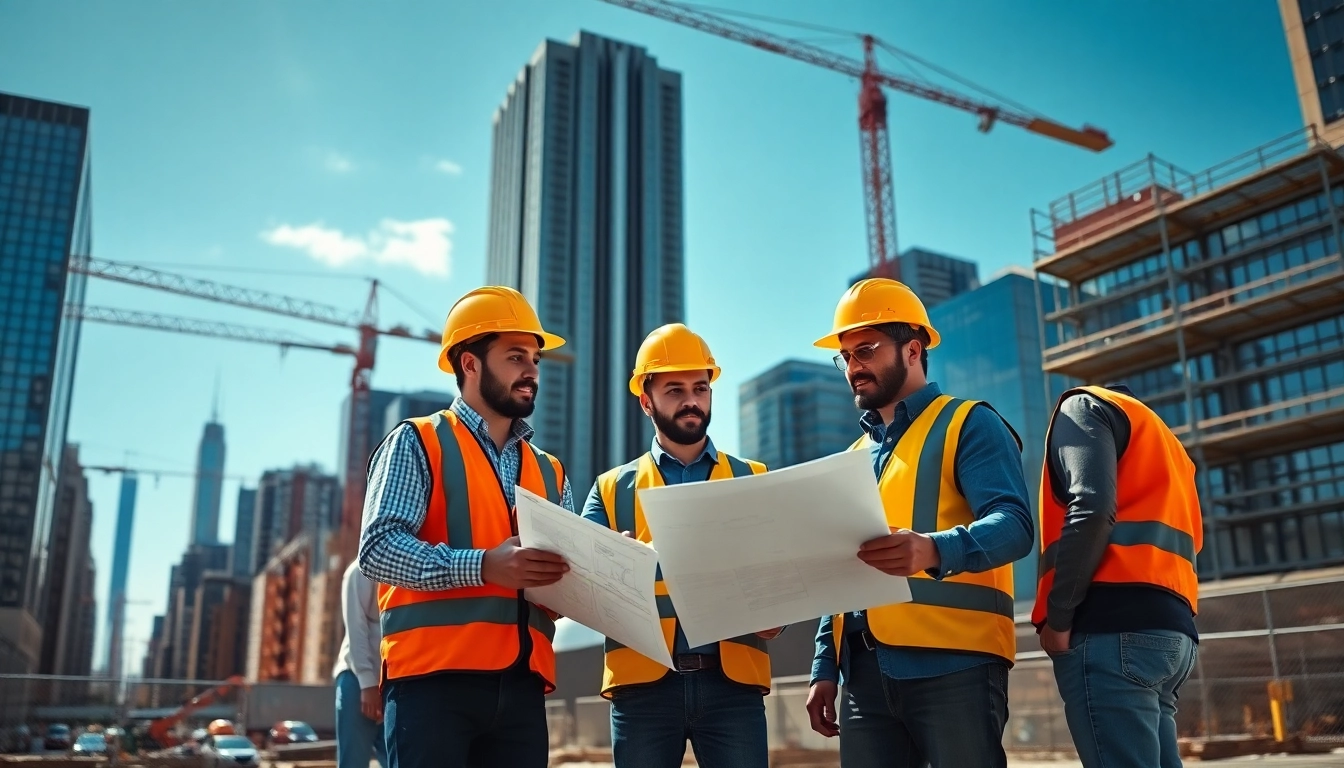 New York Commercial General Contractor overseeing construction with a team on site, collaborating on plans.