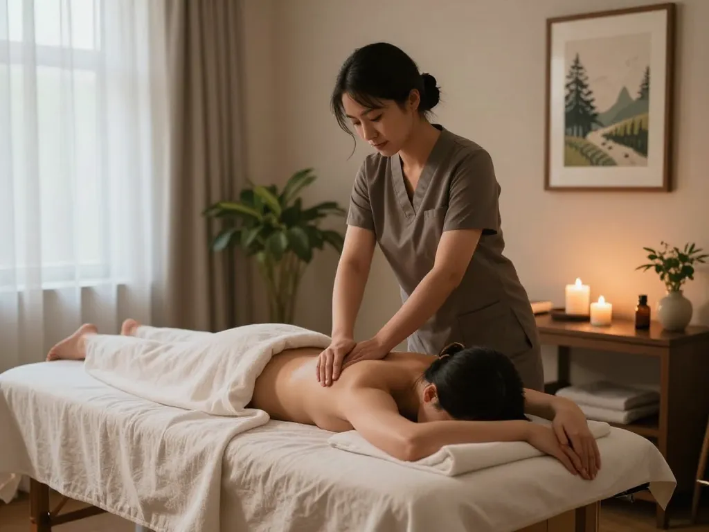 편안한 환경에서 진정한 경험을 제공하는 논현동마사지 치료사를 보여주는 휴식 중심의 장면.