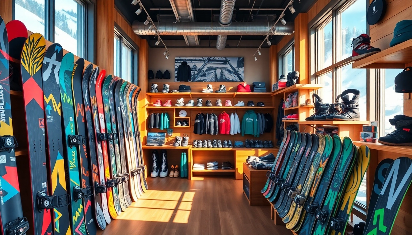 Shop for premium gear at a snowboard store filled with colorful snowboards and winter apparel.