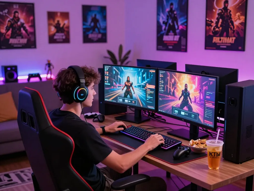 Engaged user enjoying a porn game online in a vibrant gaming lounge.