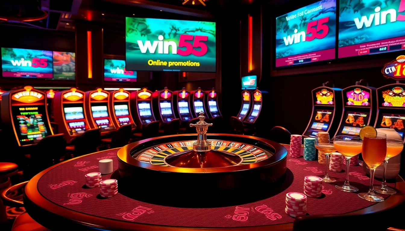 Engaging scene featuring win55 online casino games with vibrant tables and alluring slot machines.