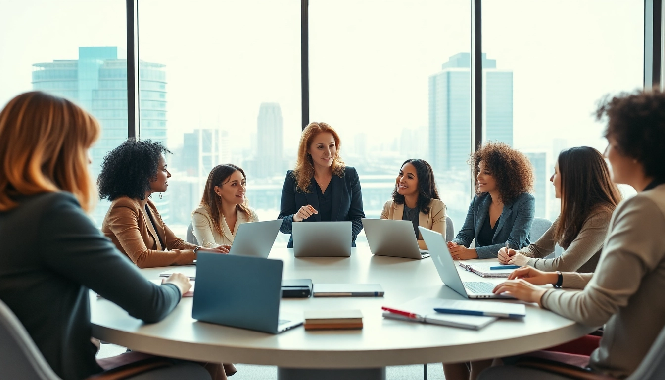 Women's executive coach guiding a diverse group of women in a modern office.